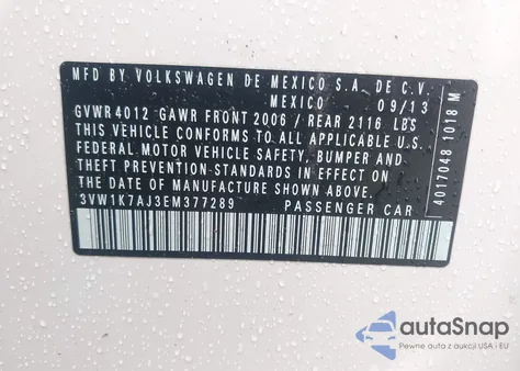 2014 Volkswagen Jetta 2.0L S z USA, uszkodzony, nr VIN 3VW1K7AJ3EM377289